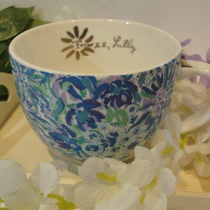 Lilly Pulitzer blue purple green + gold coffee cup